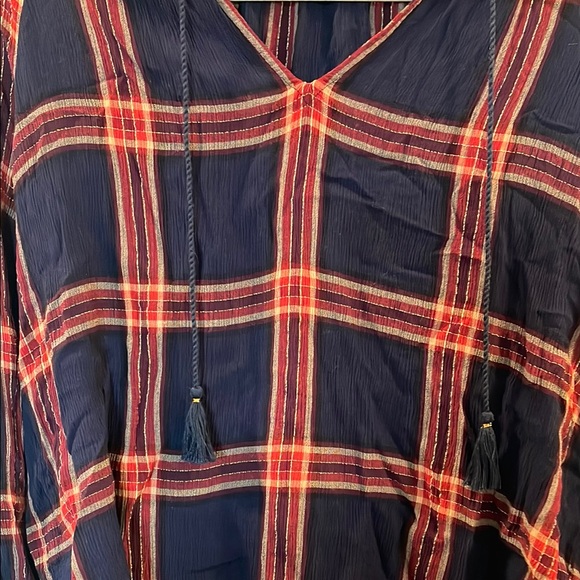 Lucky Brand Red and Navy Plaid V-neck with Tassels, Women’s Medium - Picture 3 of 8